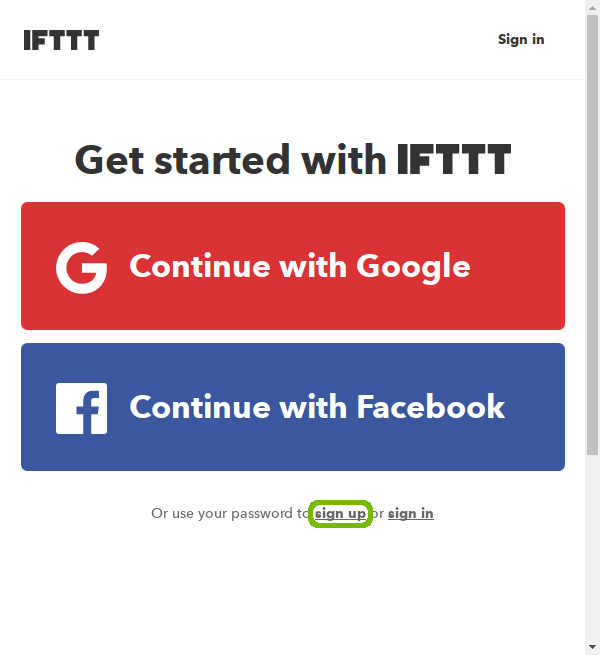 IFTTT sign up page with sign up highlighted.