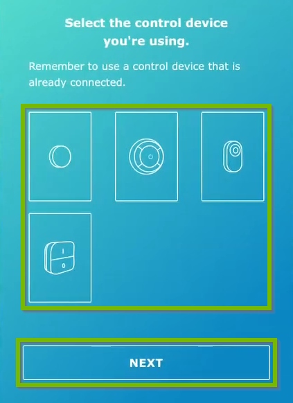 Steering devices and Next button highlighted on steering device selection screen in IKEA Home Smart app.