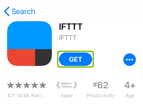 IFTTT app page with Get highlighted.