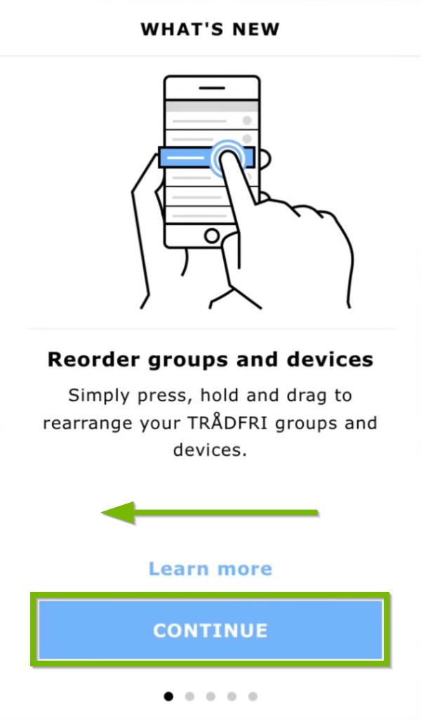 Arrow showing swipe direction to show latest features and Continue option highlighted to finish.
