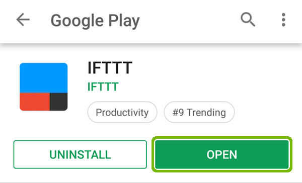IFTTT store page with Open highlighted.