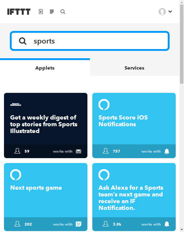 Searching for sports on IFTTT.