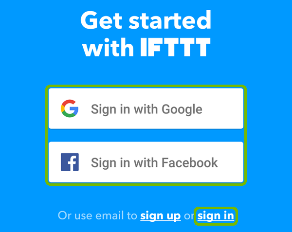 IFTTT sign in selection.