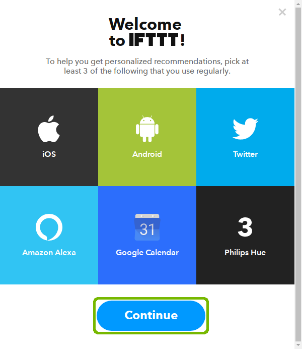 Choice of services with Continue highlighted.