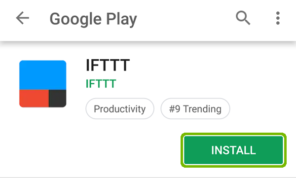 IFTTT app page with Install highlighted.