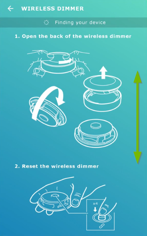 Double pointed arrow showing scrolling direction on instructions screen in Ikea Tradfri app.