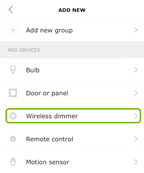 Wireless dimmer option highlighted in Ikea Tradfri app.