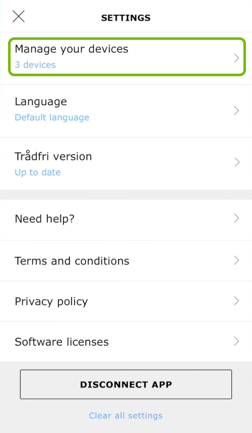 Manage your devices option highlighted in Ikea Tradfri app settings.