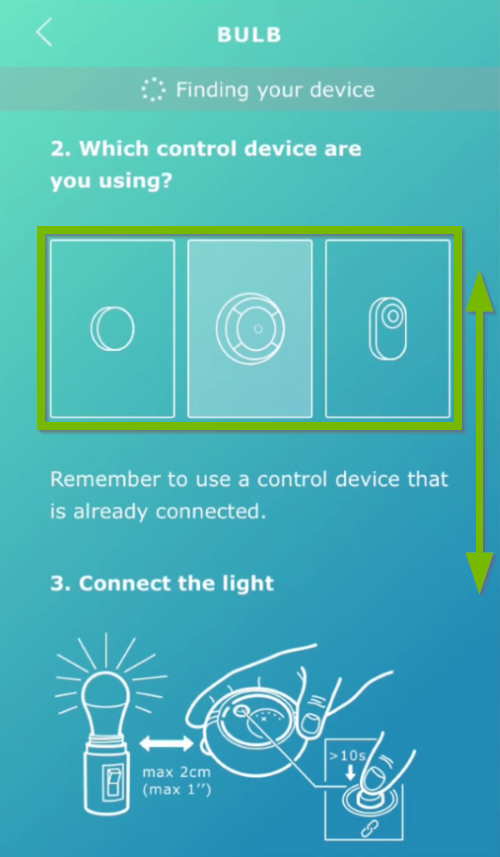 Double pointed arrow showing directions to scroll and control devices highlighted on instructional screen in Ikea Tradfri app.