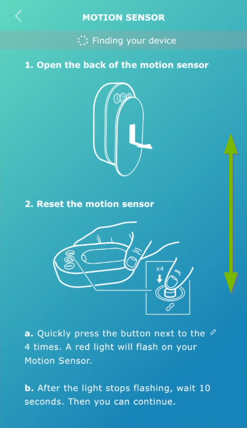 Double pointed arrow showing scrolling direction on instructions screen in Ikea Tradfri app.