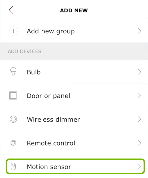 Motion sensor option highlighted in Ikea Tradfri app.