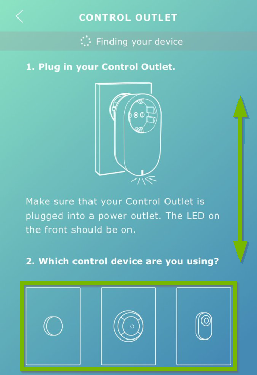 Double pointed arrow showing directions to scroll and control devices highlighted on instructional screen in Ikea Tradfri app.