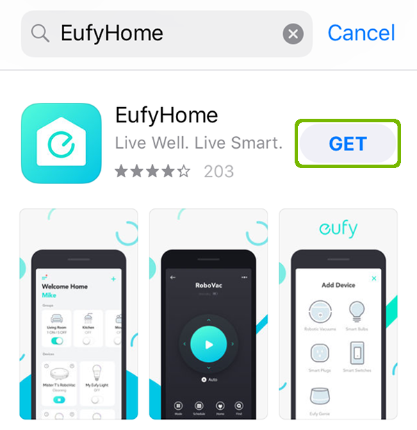 iOS App store with EufyHome Get button highlighted.