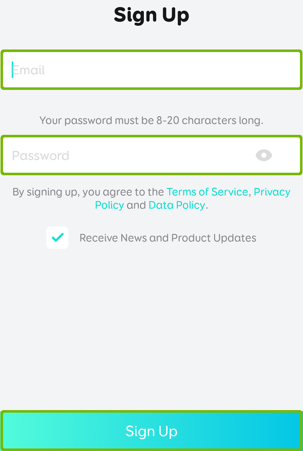Account Creation with Email, password, and sign up highlighted.