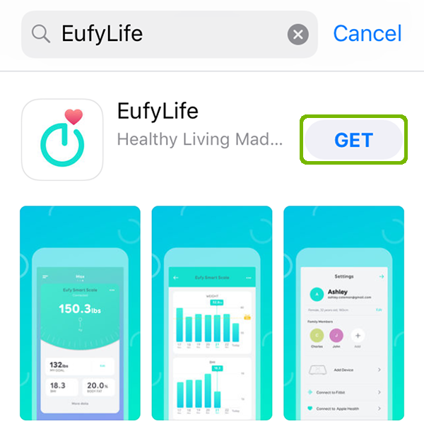 App Store search with Get for EufyLife highlighted.