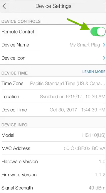 Remote control toggled switch pointed out in device settings of Kasa app.