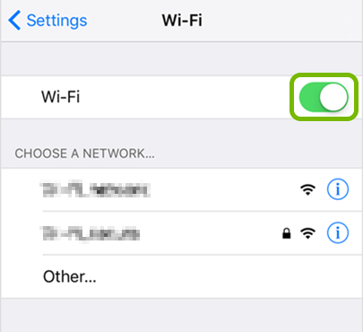Wi-Fi toggle switch highlighted in iOS settings.
