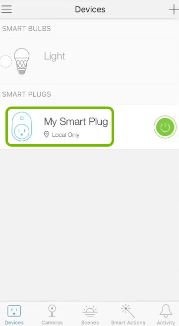 Smart plug name highlighted in devices list of Kasa app.