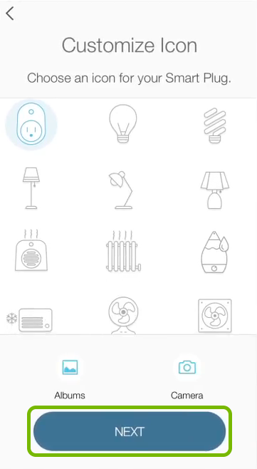 Next option highlighted on icon selection screen in Kasa app.