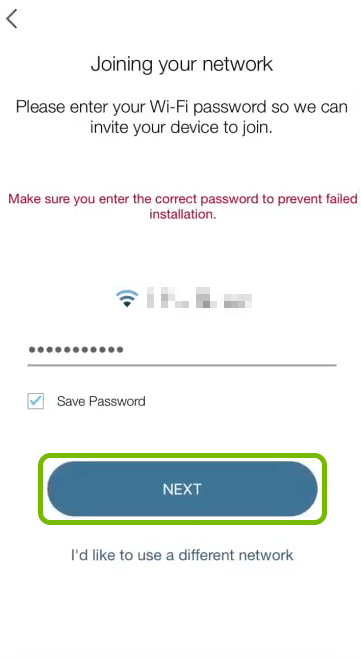 Next option highlighted on device connection screen in Kasa app.