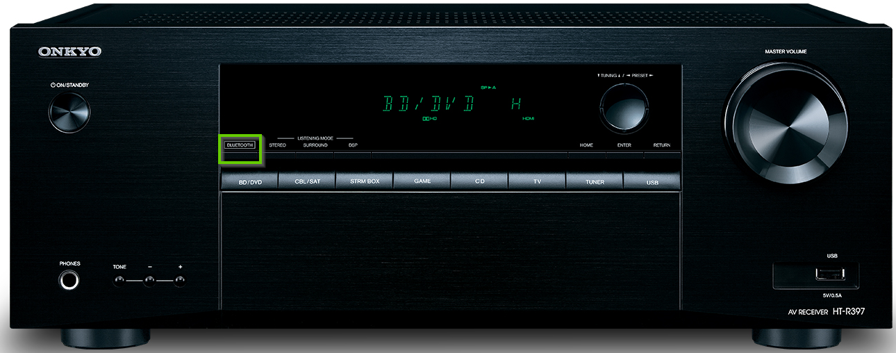 Onkyo receiver showing the bluetooth button
