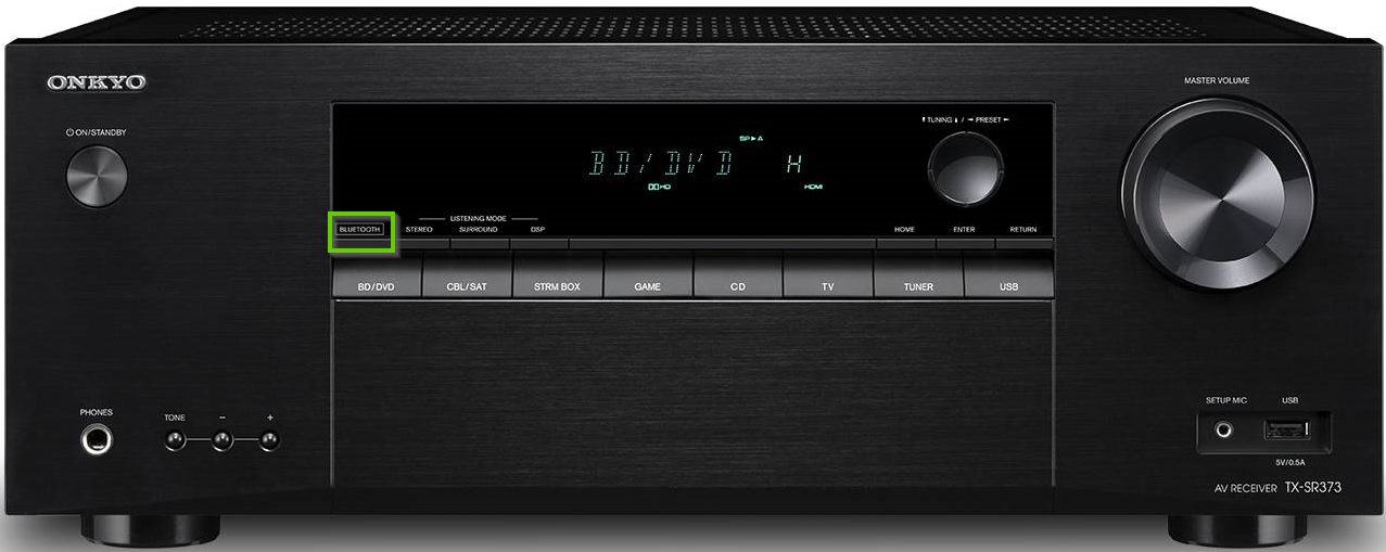 Front of an onkyo receiver showing the bluetooth button