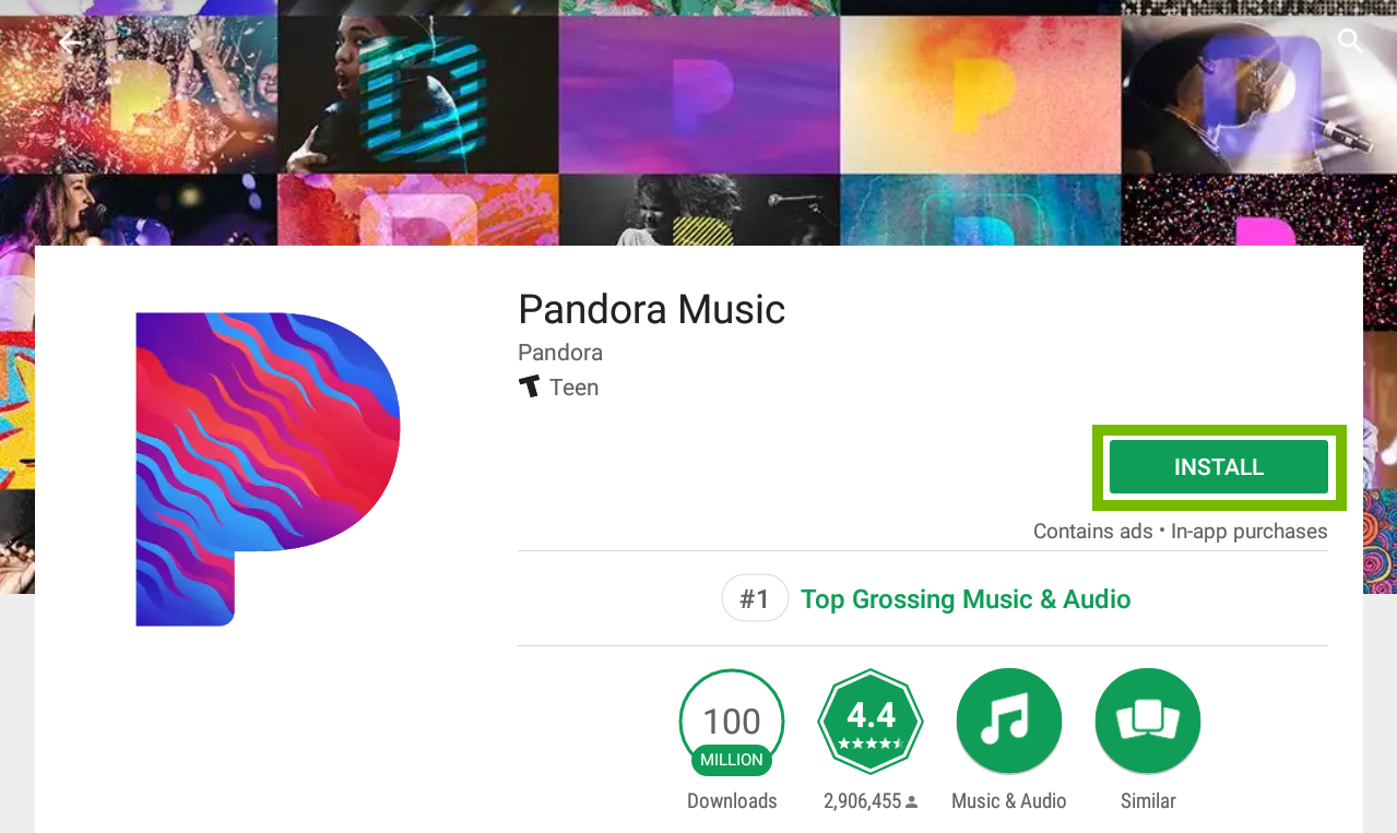 Pandora page with Install highlighted.