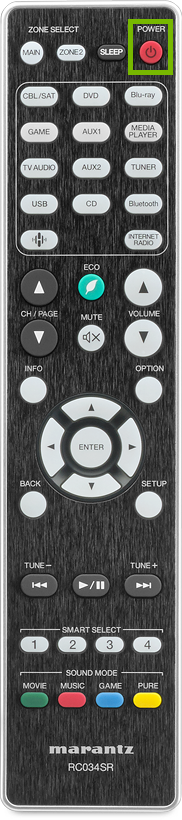 Remote Control with power button highlighted.