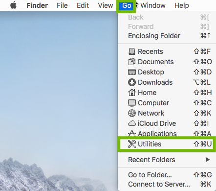 Finder Go Menu with Go and Utilities highlighted.