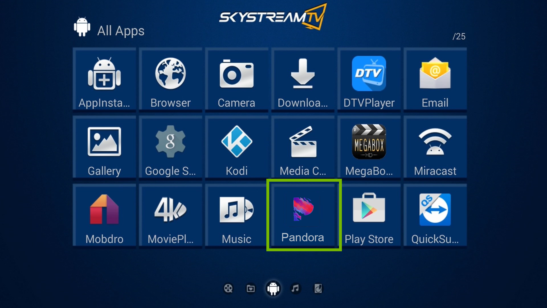 All Apps page with Pandora highlighted.