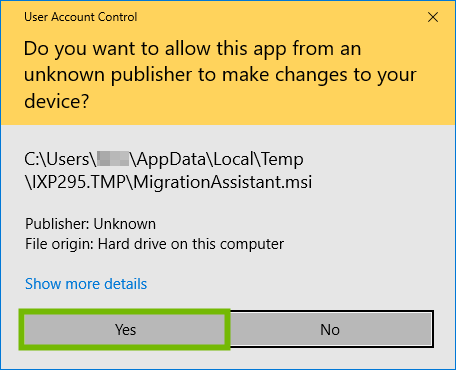 User Account Control prompt for Migration Assistant Installer with Yes highlighted.