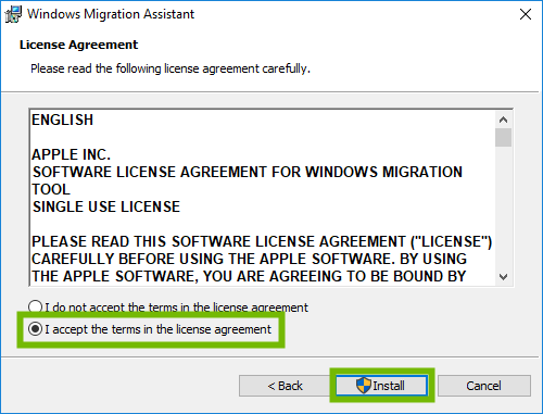 Migration Assistant EULA with accept and Install highlighted.