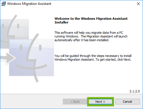 Migration Assistant welcome screen with Next highlighted.