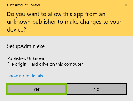 User Account Control prompt for downloader with Yes highlighted.