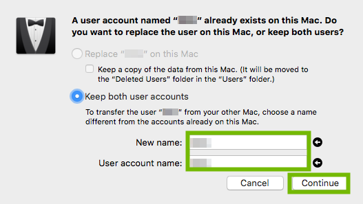 Username conflict prompt with username and continue highlighted.