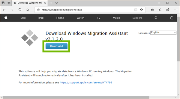 Migration Assistant for Windows Download Page with Download button highlighted.