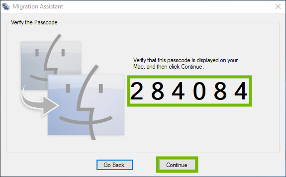 Migration Assistant with verification code and Continue highlighted.