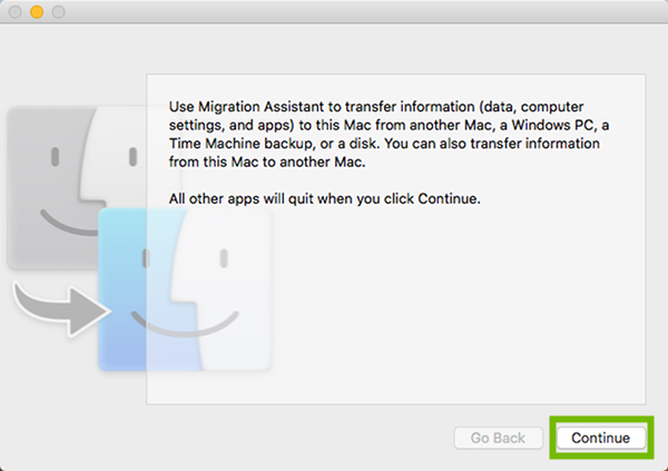 Migration Assistant welcome screen with Continue highlighted.
