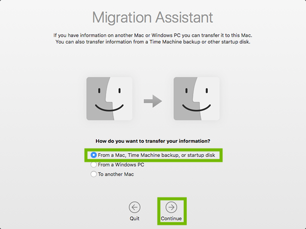 Migration Assistant with From a Mac and Continue highlighted.