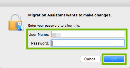 Migration Assistant changes password prompt with Username, Password, and OK highlighted.