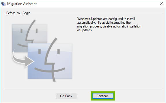 Migration Assistant Windows Updates prompt with Continue highlighted.