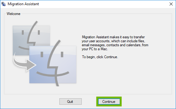 Migration Assistant Welcome screen with Continue highlighted.