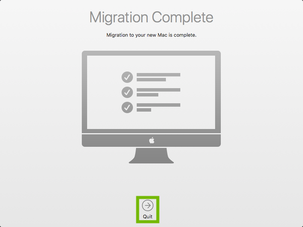 Migration Complete with Quit highlighted.