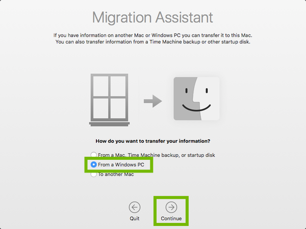Migration Assistant welcome screen with From a Windows PC and Continue highlighted.