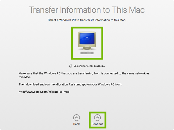 Migration assistant with Windows computer and Continue highlighted.