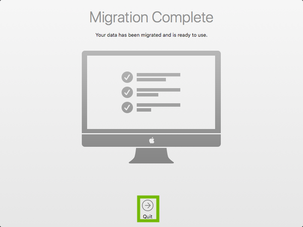 Migration complete with Quit highlighted.