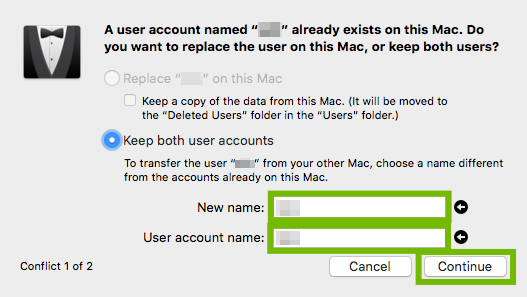 User already exists prompt with username fields and Continue button highlighted.
