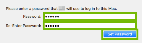 Set password dialog with password entry and Set Password button highlighted.