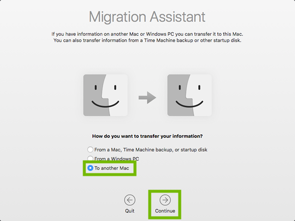 Migration Assistant with To another Mac and Continue highlighted.