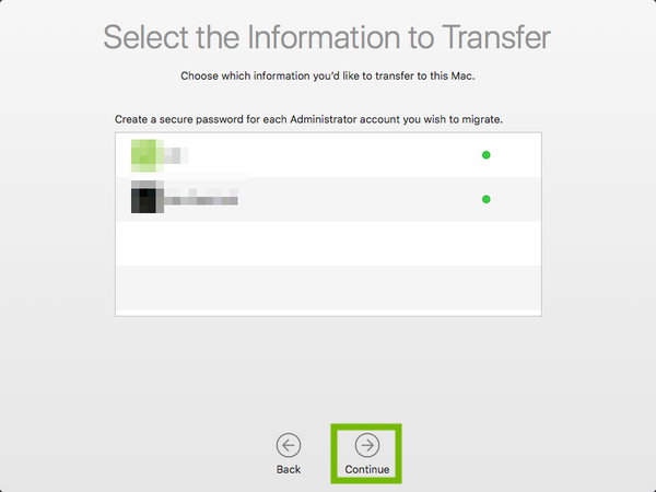 Migration Assistant with passwords set and continue button highlighted.